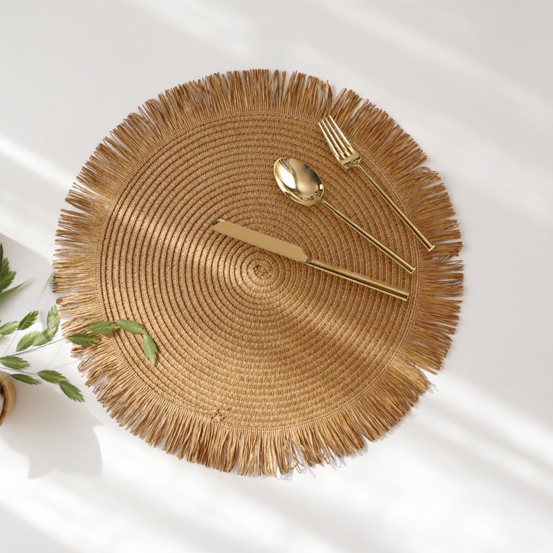 (38 CM) Round Braided Fringe Placemats – Hand-Woven Non-Slip Table Mats & Heat-Insulated Tea Cup Pads for Dining Table Decor
