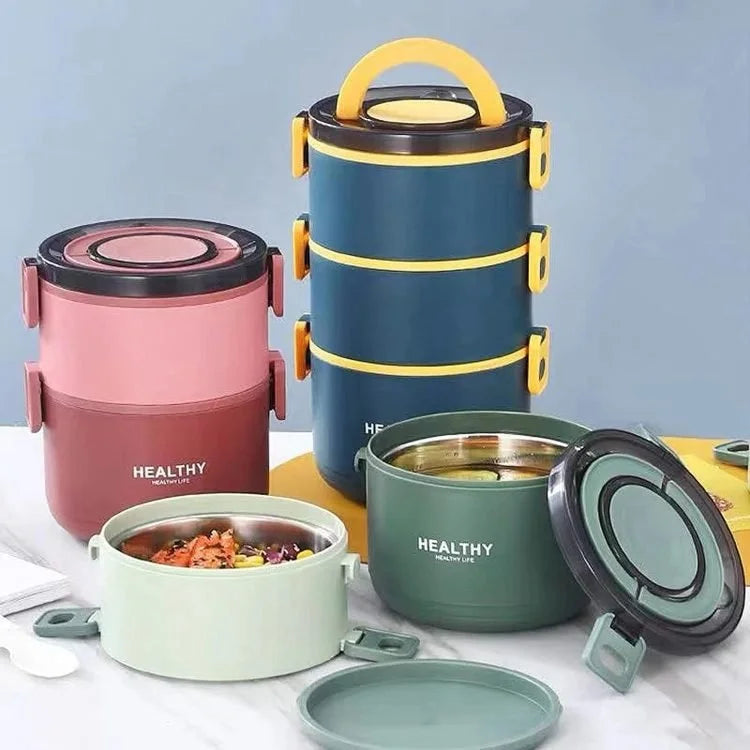 3-Tier Stainless Steel Thermal Bento Lunch Box – Stackable Leakproof Food Container with Insulated Compartments & Carry Handle (Dark Blue)
