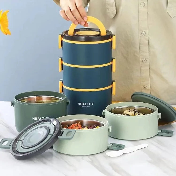 3-Tier Stainless Steel Thermal Bento Lunch Box – Stackable Leakproof Food Container with Insulated Compartments & Carry Handle (Dark Blue)