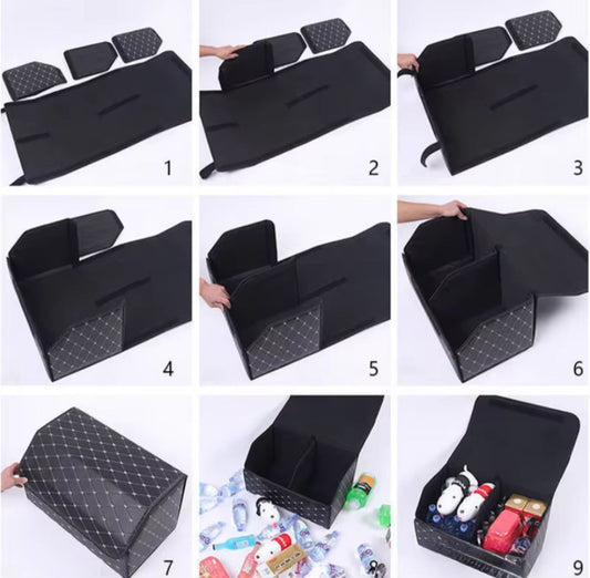 PU Leather Collapsible Car Trunk Organizer – Durable Vehicle Storage Box with White Stitching & Handles | Cargo Carrier by Amagi