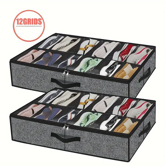 Foldable Under Bed Shoe Storage Organizer – 12-Compartment Dustproof Non-Woven Fabric Space-Saving Shoe Holder