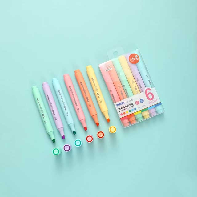 6PCS Pastel Macaron Highlighter Pens – Cute Fluorescent Marker Set for Drawing & School Stationery Supplies