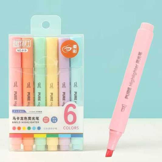 6PCS Pastel Macaron Highlighter Pens – Cute Fluorescent Marker Set for Drawing & School Stationery Supplies