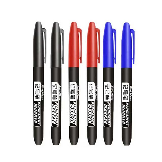 6PCS Permanent Marker Pen Set – Fine Point 1.5mm Fiber Tip, Black/Blue/Red Waterproof Ink for School & Office Supplies