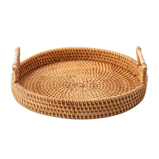 Round Rattan Serving Tray with Handles – Decorative Breakfast, Snack & Drink Tray