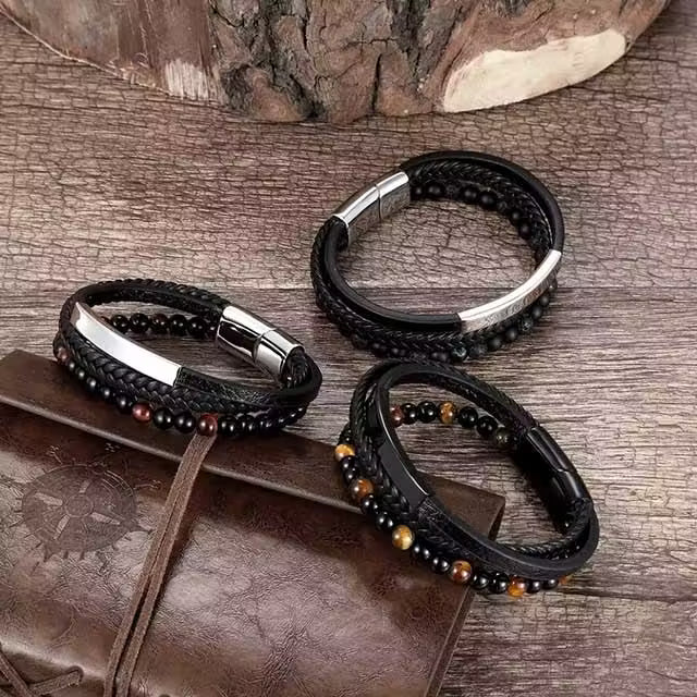 Bracelet pour homme en cuir tressé à la main, multicouche, orné de pierres naturelles de 6 mm (EGBT247)