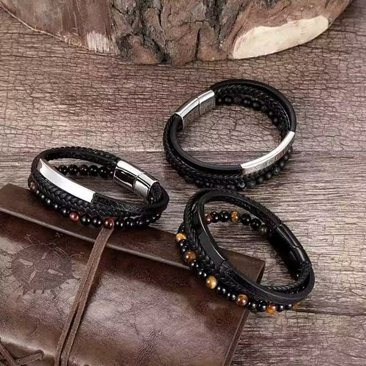 Bracelet pour homme en cuir tressé à la main, multicouche, orné de pierres naturelles de 6 mm (EGBT247)
