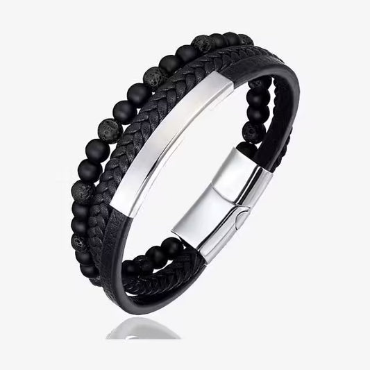 Bracelet pour homme en cuir tressé à la main, multicouche, orné de pierres naturelles de 6 mm (EGBT247)