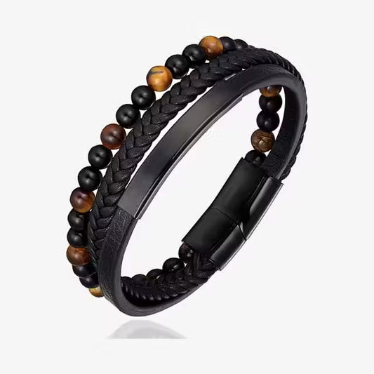 Bracelet pour homme en cuir tressé à la main, multicouche, orné de pierres naturelles de 6 mm (EGBT247)