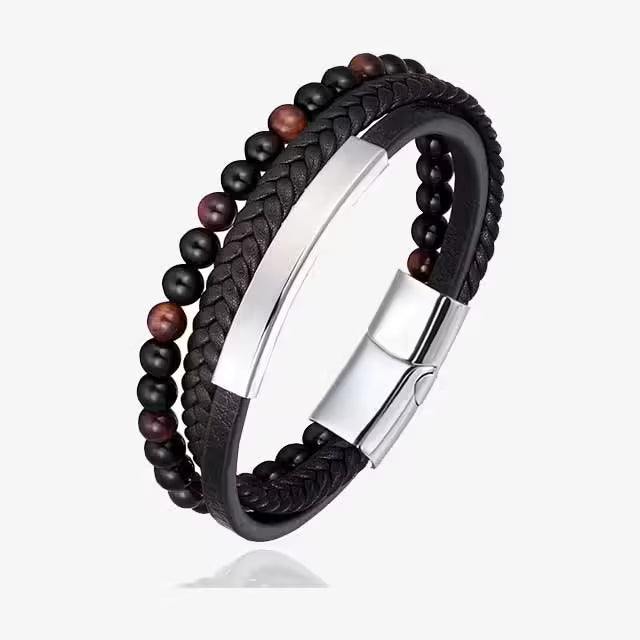 Bracelet pour homme en cuir tressé à la main, multicouche, orné de pierres naturelles de 6 mm (EGBT247)