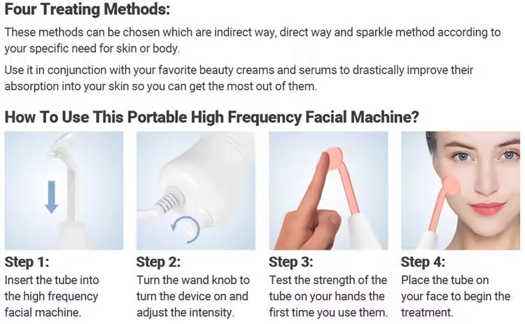 Portable Handheld High Frequency Skin Therapy Wand Machine - Acne Treatment, Skin Rejuvenation, Wrinkle Reduction Tool