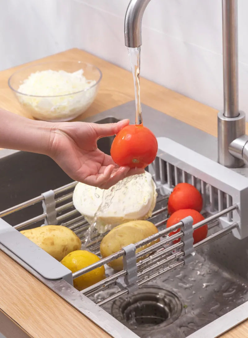 Égouttoir télescopique d'évier en acier inoxydable – Organisateur de cuisine rétractable pour ustensiles et rangement