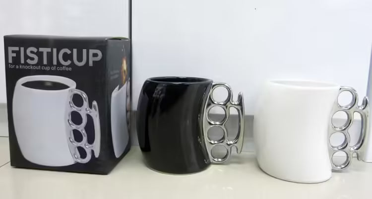 Ceramic Porcelain Coffee Mug with Brass Knuckles Creative Fist Cup, Novelty Gift Idea