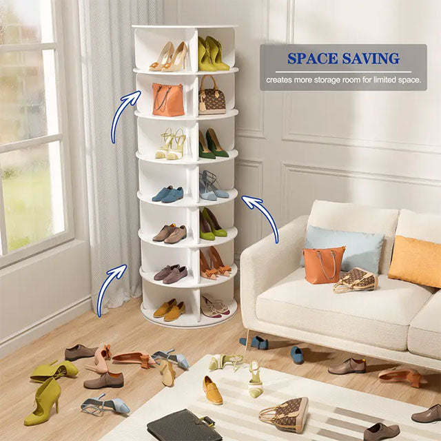 Étagère à chaussures rotative à 7 niveaux – Organisateur de chaussures autoportant à 360° et présentoir à sacs carrousel pour un rangement élégant 