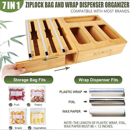 7-in-1 Ziplock Bag Organizer with Wrap Dispenser & Cutter – Kitchen Storage for Gallon, Quart, Sandwich, Snack Bags, Foil, Wax Paper & Plastic Wrap | Drawer & Wall Mount Organizer