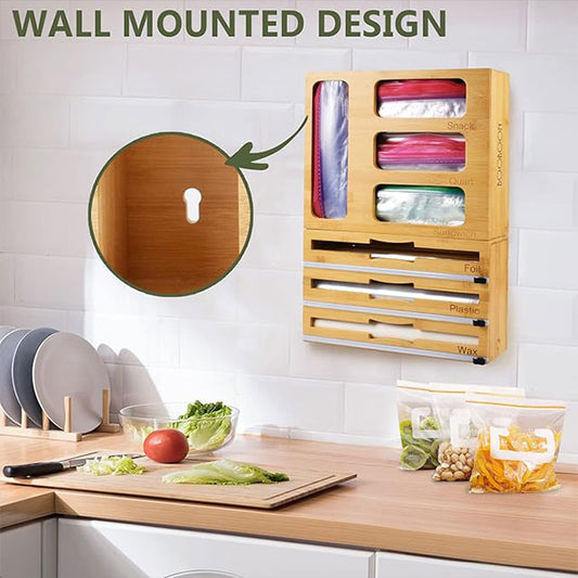 7-in-1 Ziplock Bag Organizer with Wrap Dispenser & Cutter – Kitchen Storage for Gallon, Quart, Sandwich, Snack Bags, Foil, Wax Paper & Plastic Wrap | Drawer & Wall Mount Organizer