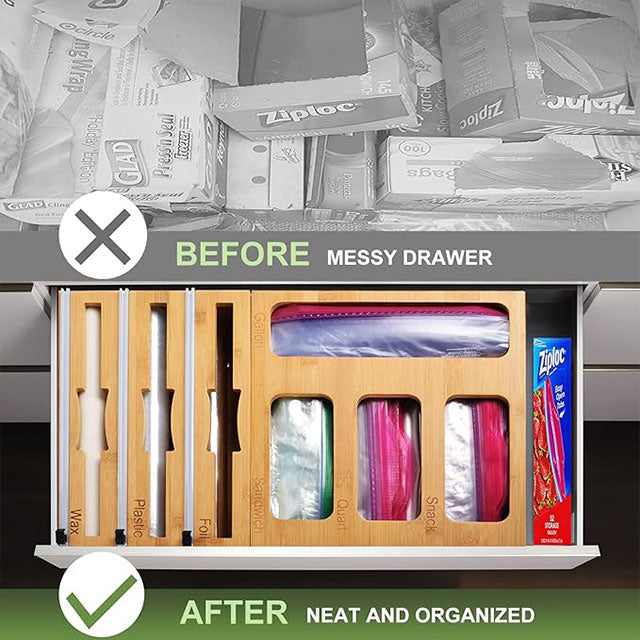 7-in-1 Ziplock Bag Organizer with Wrap Dispenser & Cutter – Kitchen Storage for Gallon, Quart, Sandwich, Snack Bags, Foil, Wax Paper & Plastic Wrap | Drawer & Wall Mount Organizer
