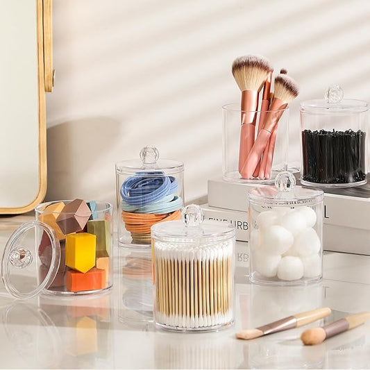 Clear Acrylic Cotton Swab Holder with Lid – 10oz Bathroom Storage Jar for Cotton Buds & Small Essentials