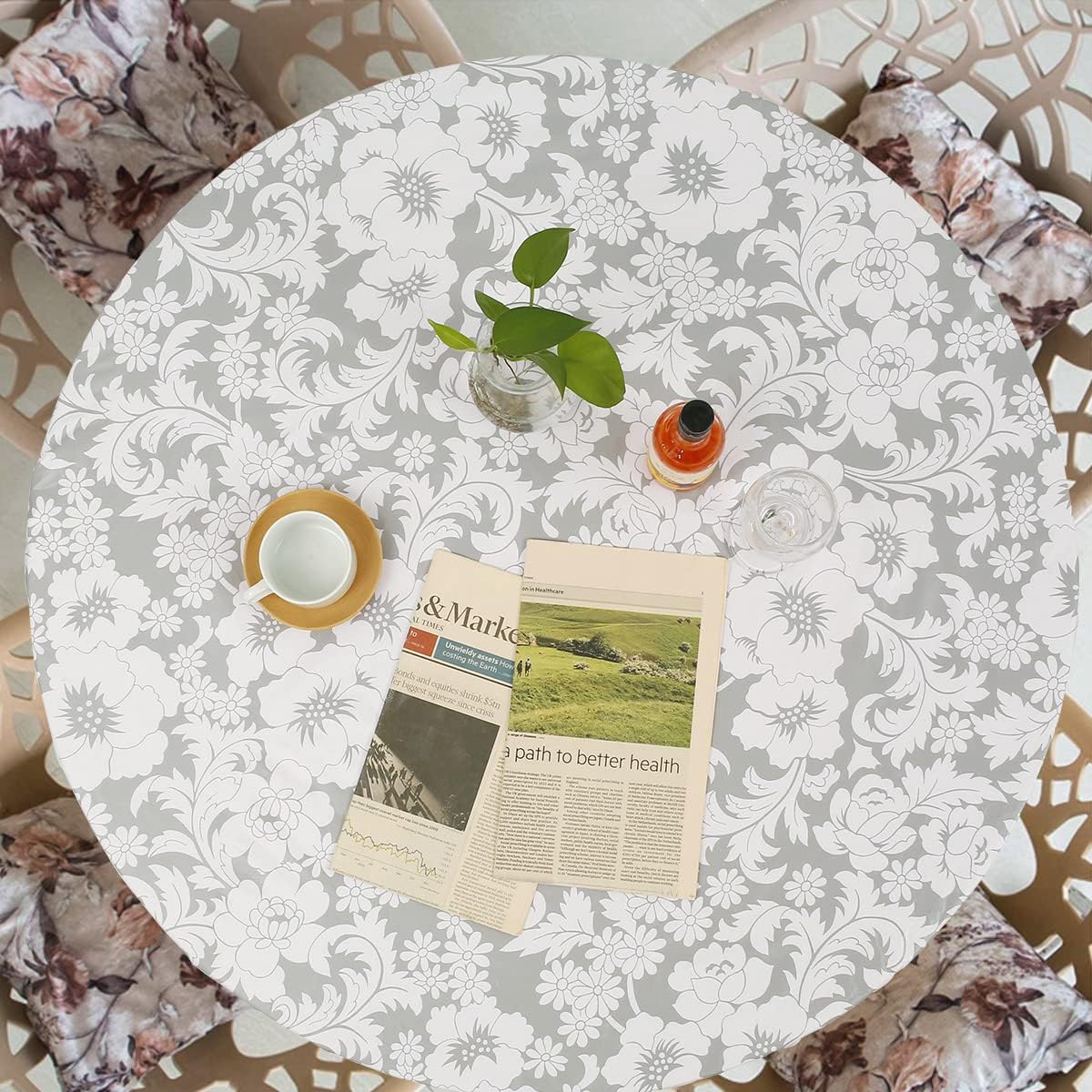 Nappe ronde imperméable en PVC avec bords élastiques – Housse de protection anti-huile et anti-éclaboussures – Nappe ajustée pour mariages, cuisines et fêtes en plein air