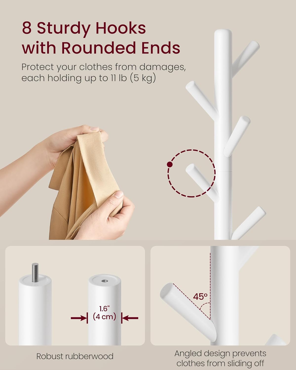 Triangle Base Tree Branch Coat Rack – Multi-Hook Mobile Standing Clothes Rack for Home, Living Room & Bedroom (White/Natural/Coffee)