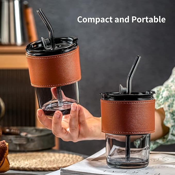 400ml Glass Coffee Mug with Lid & Straw – Stylish Glass Sipper with Leather Sleeve for Coffee, Tea, Juice & Gifts (Black, 1 Pc)