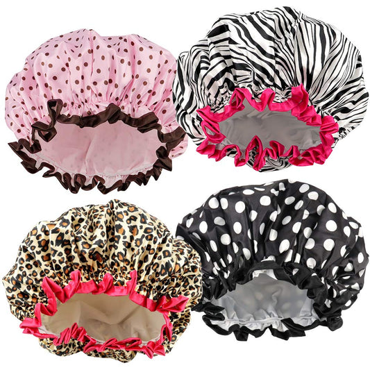 Reusable Waterproof Shower Cap – Leopard Print Double-Layer Bath Hat – Large Hair Bonnet to Protect Dyed, Curly, and Long Hair (Stylish Animal Print)