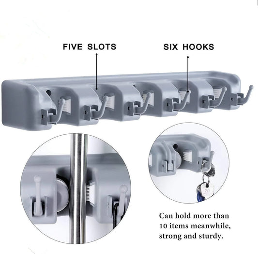 Wall Mounted Mop & Broom Holder – 5 Position Organizer with 6 Hooks, Heavy Duty Tool Storage Rack for Kitchen, Garage, Laundry & Garden