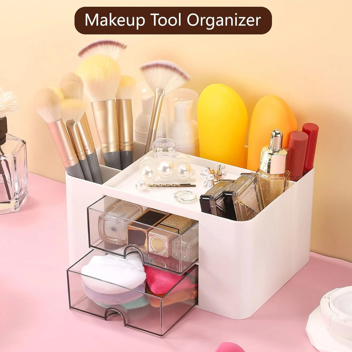 Multifunctional Desk Organizer with Drawers – Plastic Office & Makeup Storage Organizer with Pen Holder, 5 Compartments & 2 Drawers
