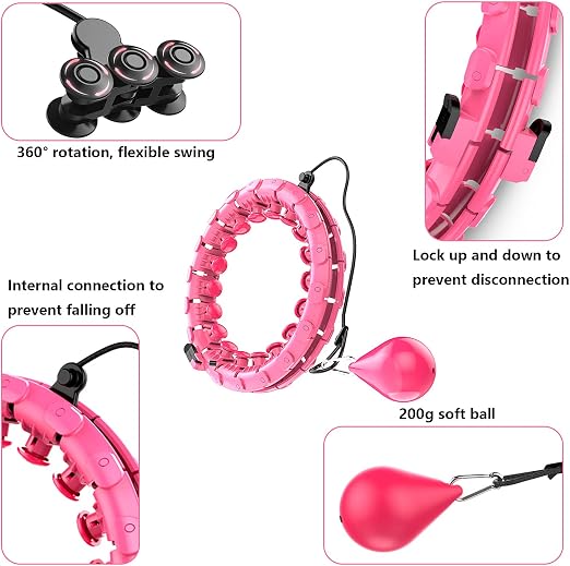 LEAFIA Smart Weighted Hula Hoop – 24-Section Adjustable Fitness Hoop with Massage Nodes & Soft Gravity Ball for Adults & Beginners – Pink