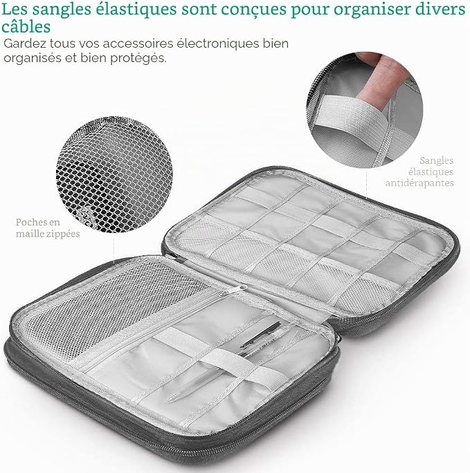 Trousse de voyage pour accessoires électroniques – Étui portable de rangement pour chargeurs, câbles USB, disques durs, batteries externes et gadgets (gris)