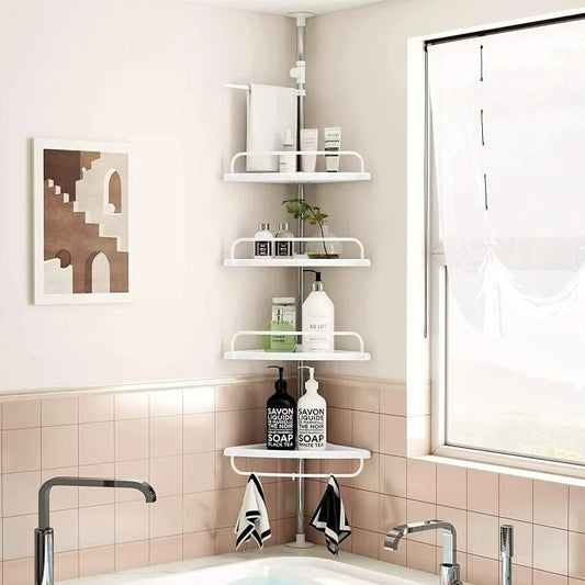 Adjustable Tension Pole Shower Caddy – 4 Tier Corner Bathroom Organizer Rack with Towel Holder