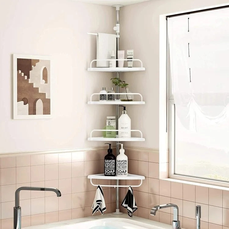 Adjustable Tension Pole Shower Caddy – 4 Tier Corner Bathroom Organizer Rack with Towel Holder