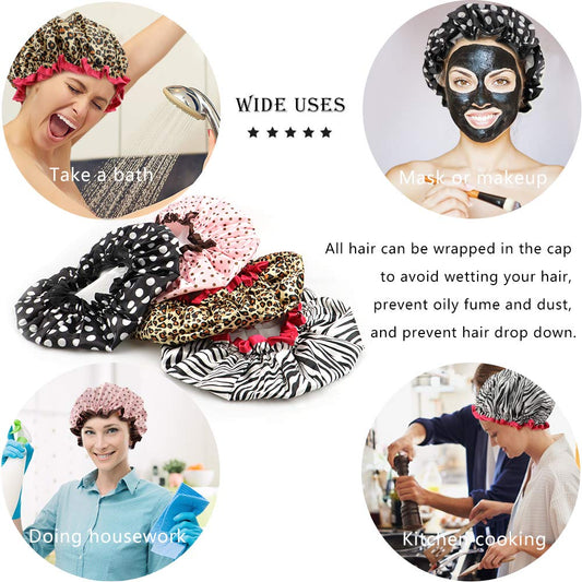 Reusable Waterproof Shower Cap – Leopard Print Double-Layer Bath Hat – Large Hair Bonnet to Protect Dyed, Curly, and Long Hair (Stylish Animal Print)