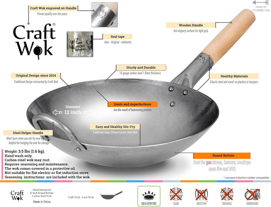Classic Stir-Fry Wok – Handcrafted Carbon Steel with Dual Support Handles