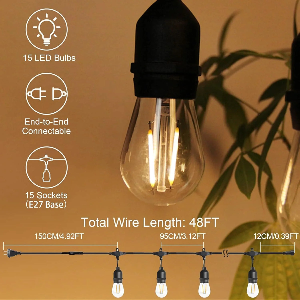 Outdoor String Lights with LED Bulbs – Waterproof Patio, Garden & Party Decorative Lights (12ft, 5M & 10M Options)