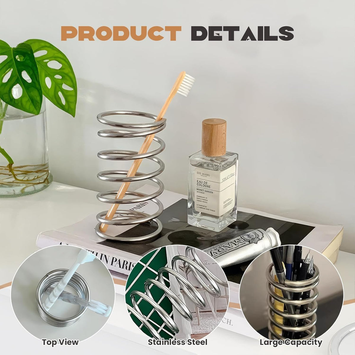 Porte-brosse à dents à ressort en acier inoxydable – Organiseur de bureau minimaliste pour salle de bain et coiffeuse – Support multifonctionnel pour stylos et pinceaux de maquillage (argenté)