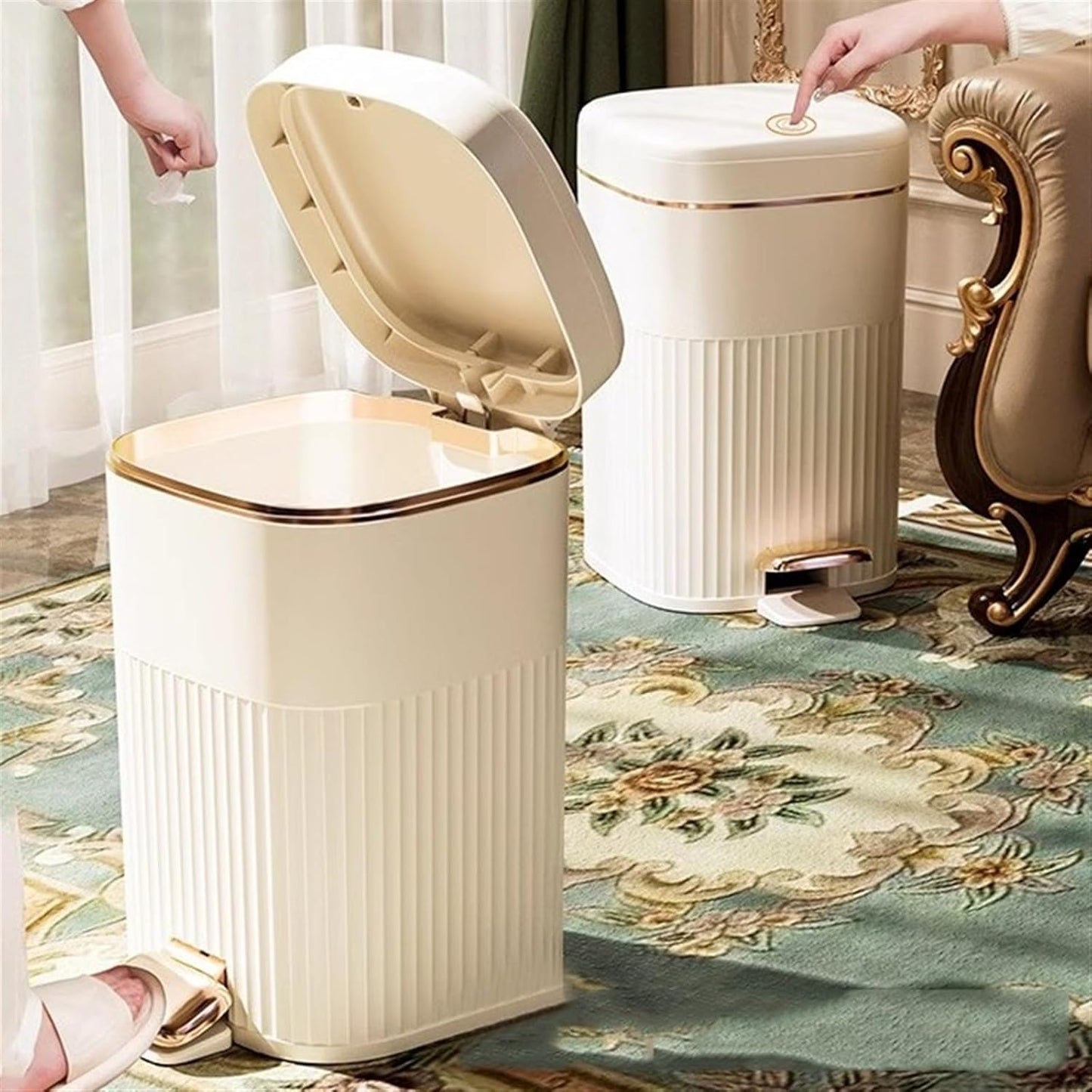 Retro Luxury Step Trash Can – 10L Soft-Close Garbage Bin with Gold Trim – Vintage Style Plastic Wastebasket with Pressure Ring for Bathroom & Bedroom (White/Green)