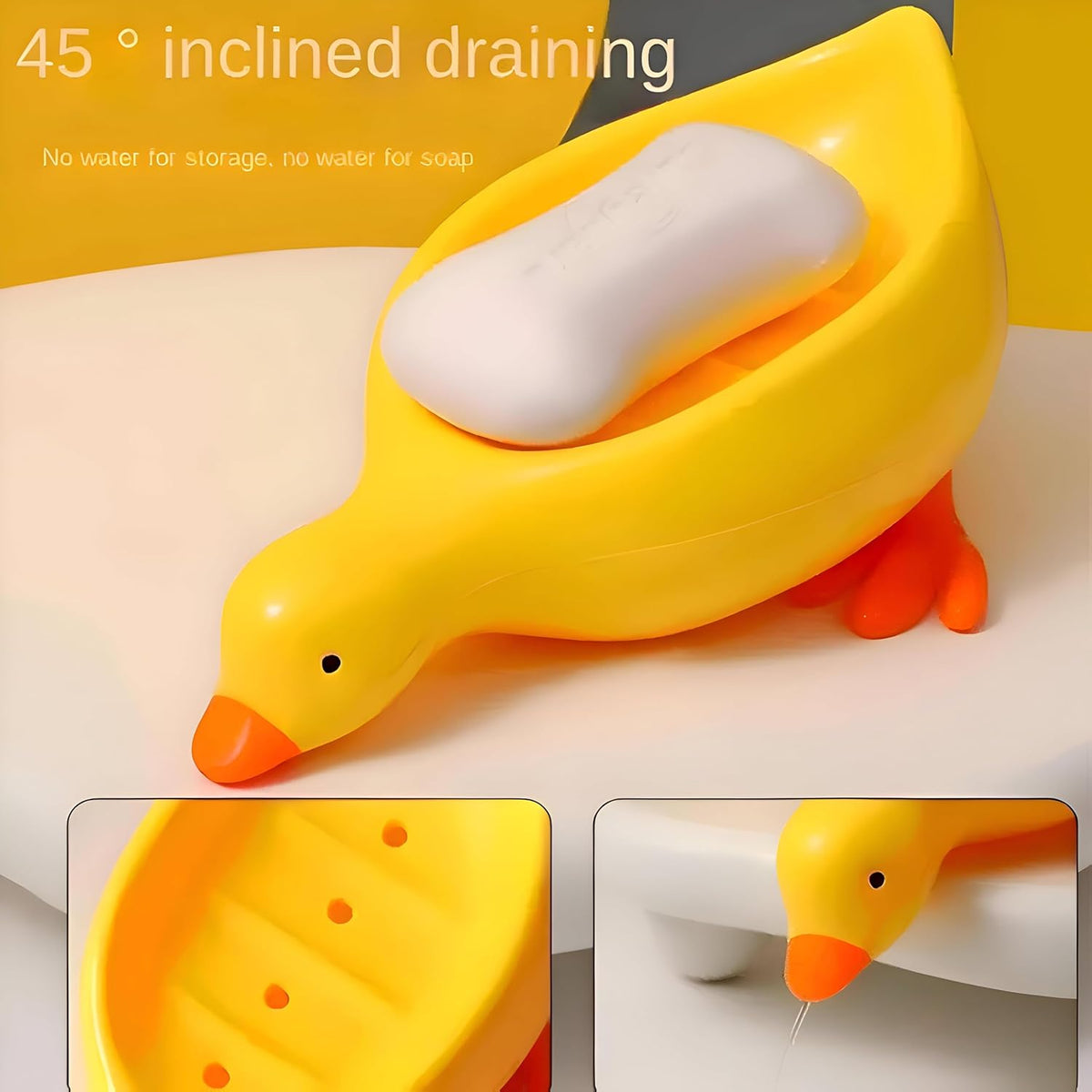 Porte-savon créatif en forme de canard à drainage automatique – Joli porte-savon animal pour salle de bain et cuisine – Porte-savon de douche décoratif antidérapant – Support de lavabo amusant pour enfants et décoration d'intérieur (jaune / blanc)