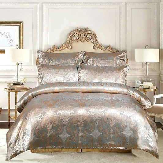 Luxury Floral Jacquard Satin Duvet Cover Set – 3-Piece Silk-Like Bedding Set with Matching Pillowcases – Elegant Breathable Comforter Cover for Master Suite – Available in 4 Royal Colors and 4 Sizes