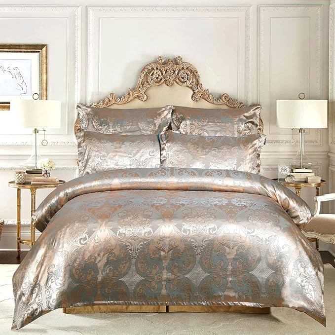 Luxury Floral Jacquard Satin Duvet Cover Set – 3-Piece Silk-Like Bedding Set with Matching Pillowcases – Elegant Breathable Comforter Cover for Master Suite – Available in 4 Royal Colors and 4 Sizes