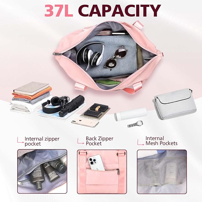 Women’s Travel Duffel Bag – Weekender Gym & Overnight Bag with Wet Pocket and Trolley Sleeve