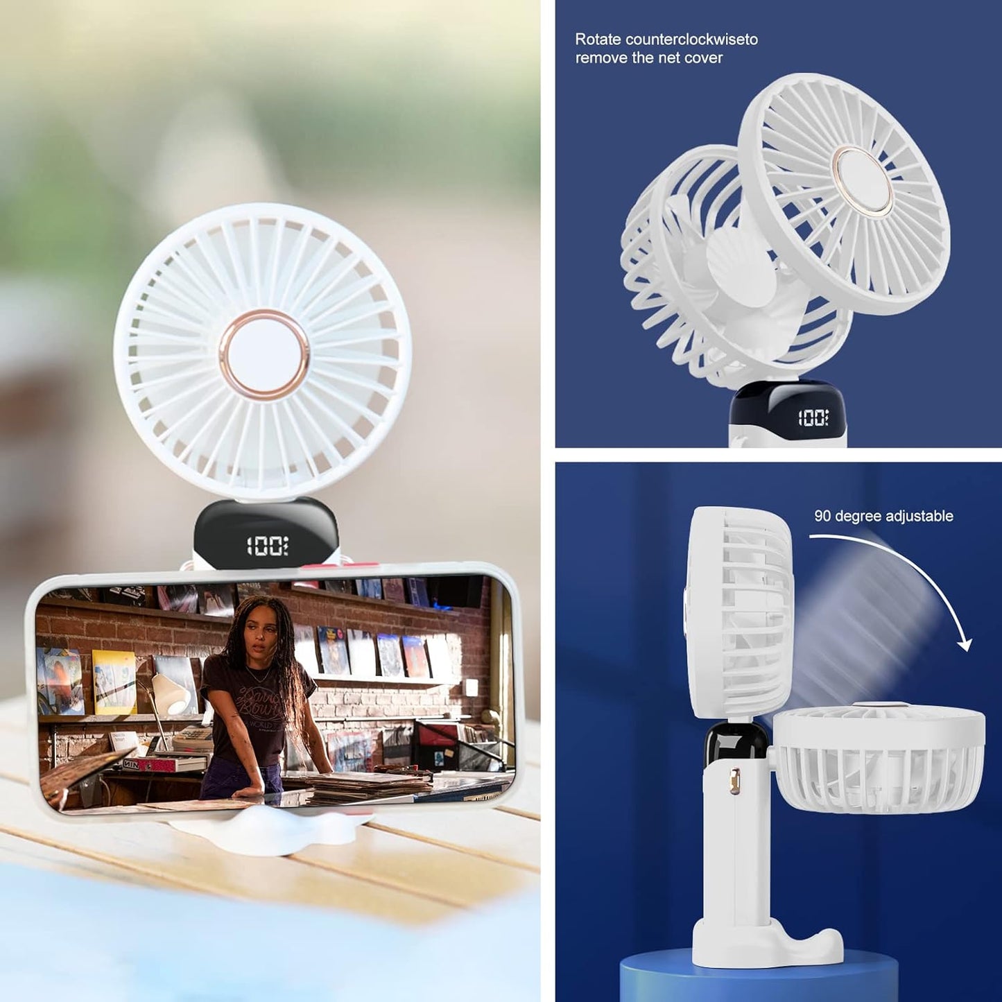Rechargeable Mini Handheld Fan – Portable USB Cooling Fan with Aromatherapy Tablet, Phone Stand & Digital Display
