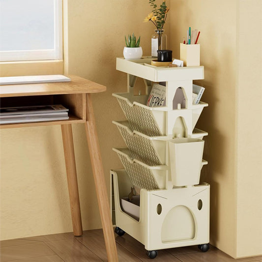 5-Tier Movable Book Shelf on Wheels – 360 degrees Rotatable Storage Bookcase – Creative DIY Book Display Stand for Home & Office (White/Khaki)