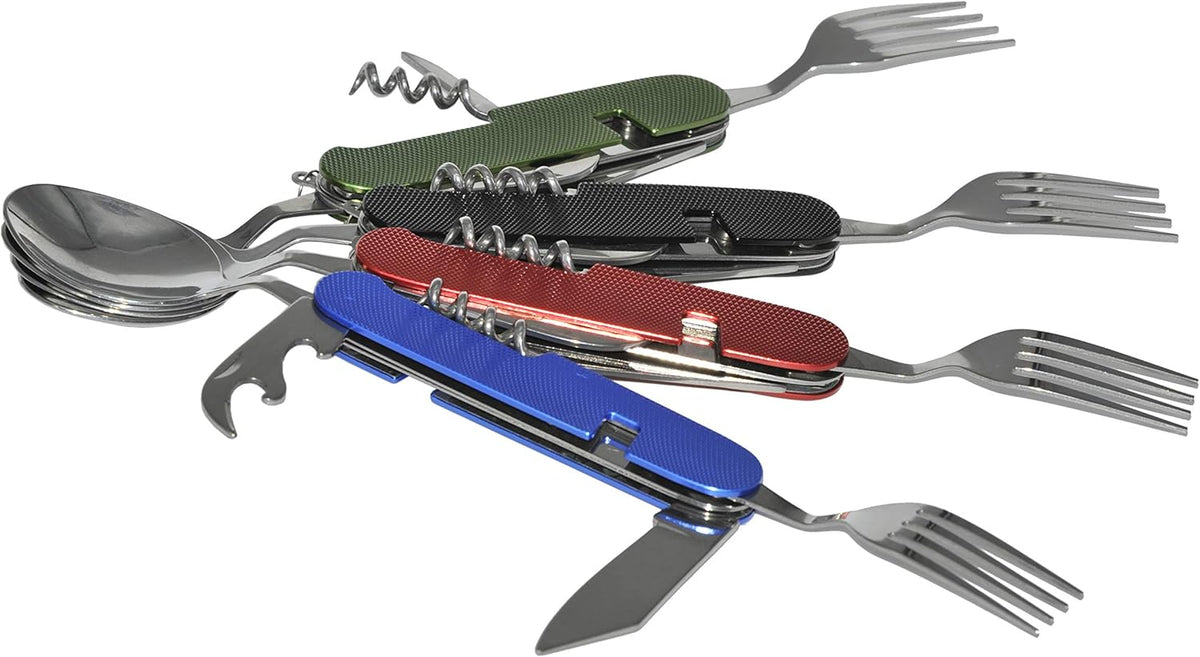 Ensemble de couverts de camping pliable 4-en-1 – Cuillère, fourchette, couteau et ouvre-bouteille de poche en acier inoxydable – Kit utilitaire portable pour l'extérieur (noir/bleu/rouge/vert)