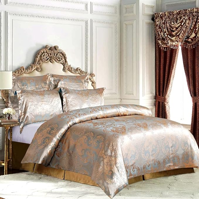 Luxury Floral Jacquard Satin Duvet Cover Set – 3-Piece Silk-Like Bedding Set with Matching Pillowcases – Elegant Breathable Comforter Cover for Master Suite – Available in 4 Royal Colors and 4 Sizes