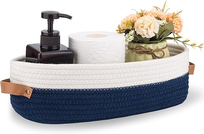 Panier de rangement de salle de bain tissé ovale – Organisateur de bureau multifonctionnel et porte-rouleau de papier toilette – Panier à jouets élégant en corde (blanc/bleu/kaki/gris)