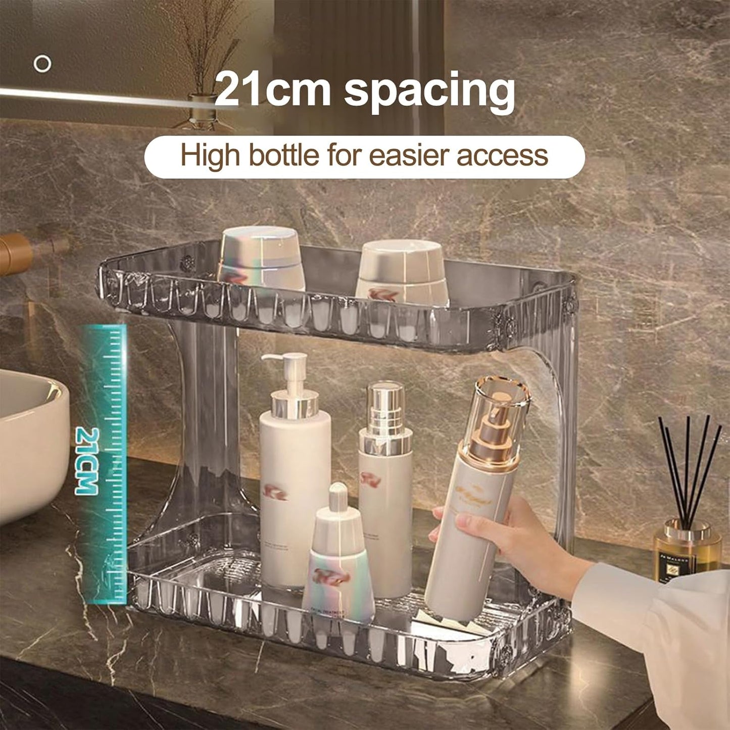 2-Tier Luxury Acrylic Makeup Organizer – Elegant Skincare & Cosmetic Storage Rack – Stackable Vanity Countertop Display (Transparent/Brown)
