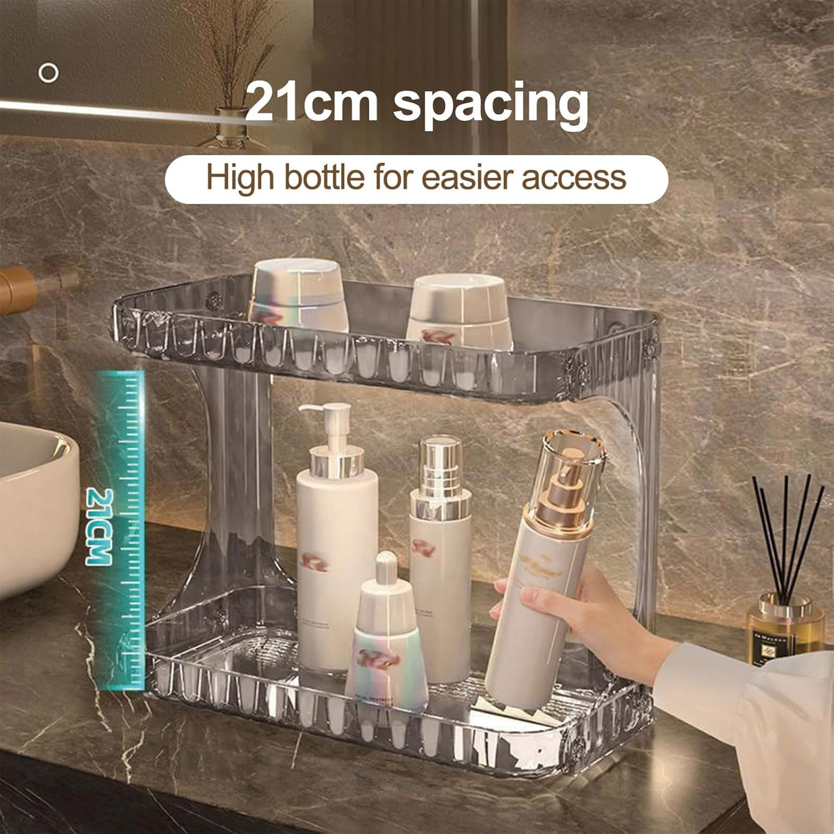 2-Tier Luxury Acrylic Makeup Organizer – Elegant Skincare & Cosmetic Storage Rack – Stackable Vanity Countertop Display (Transparent/Brown)