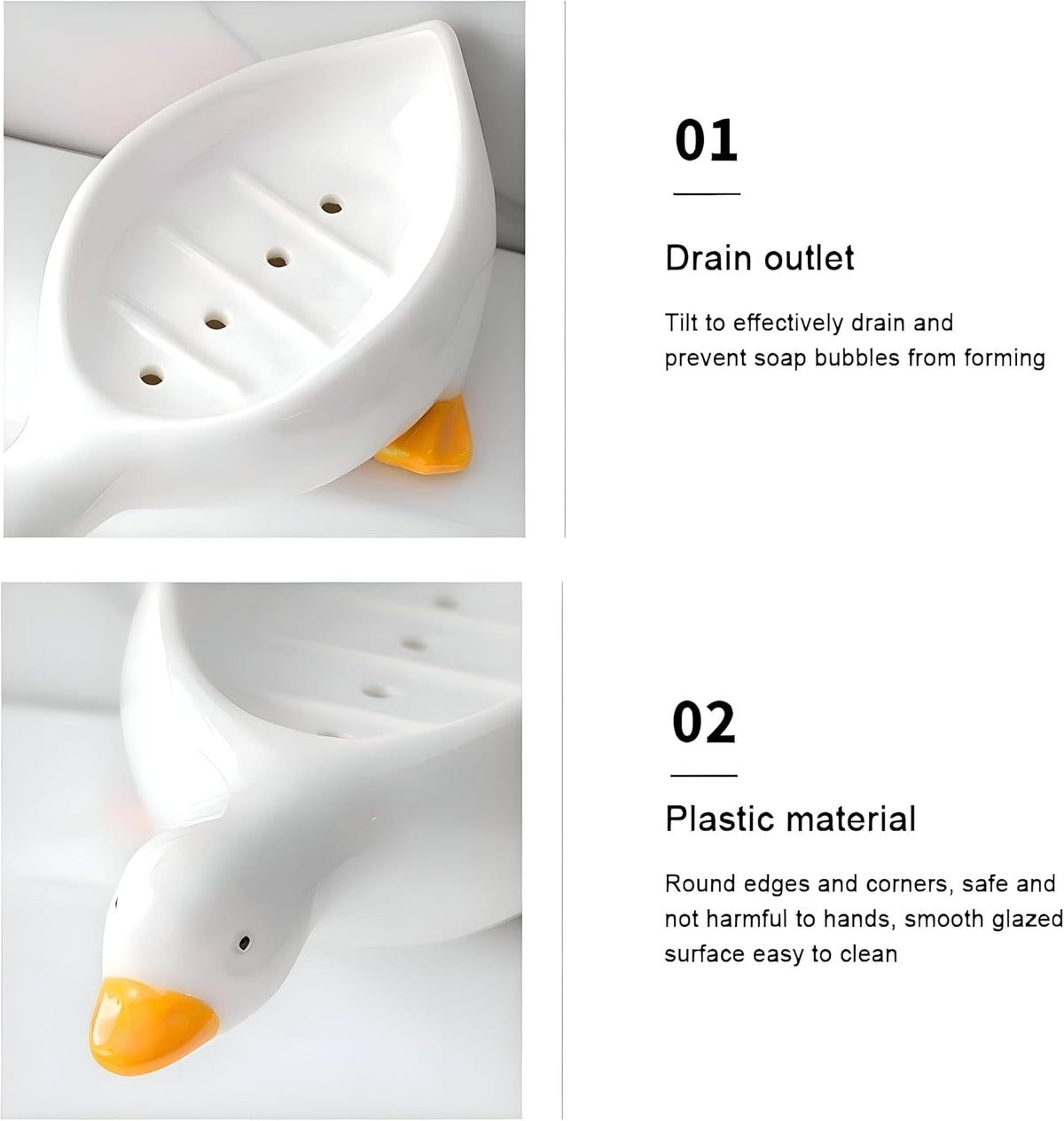 Porte-savon créatif en forme de canard à drainage automatique – Joli porte-savon animal pour salle de bain et cuisine – Porte-savon de douche décoratif antidérapant – Support de lavabo amusant pour enfants et décoration d'intérieur (jaune / blanc)