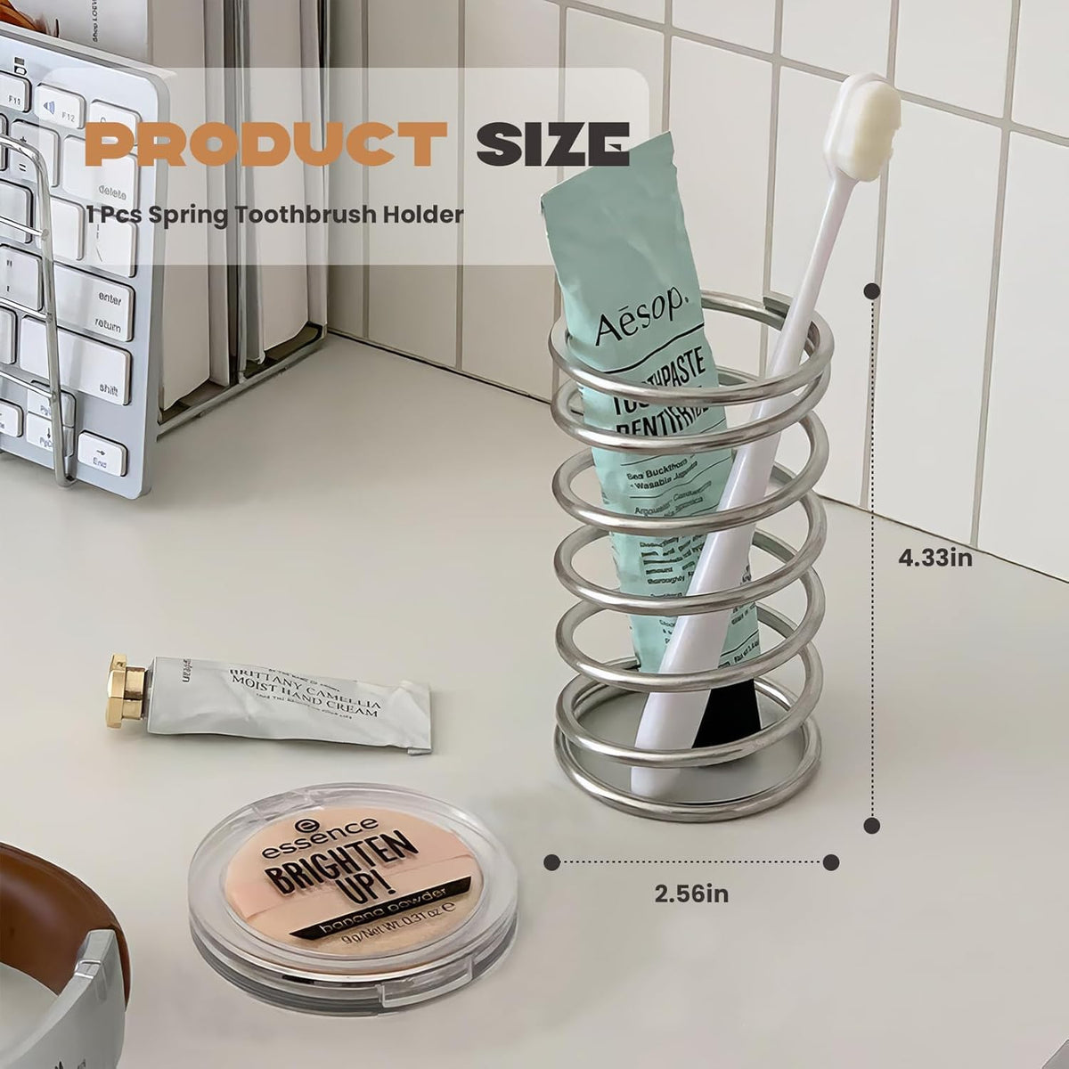 Stainless Steel Spring Toothbrush Holder – Minimalist Desktop Organizer for Bathroom & Dressing Table – Multifunctional Pen & Makeup Brush Stand (Silvery)